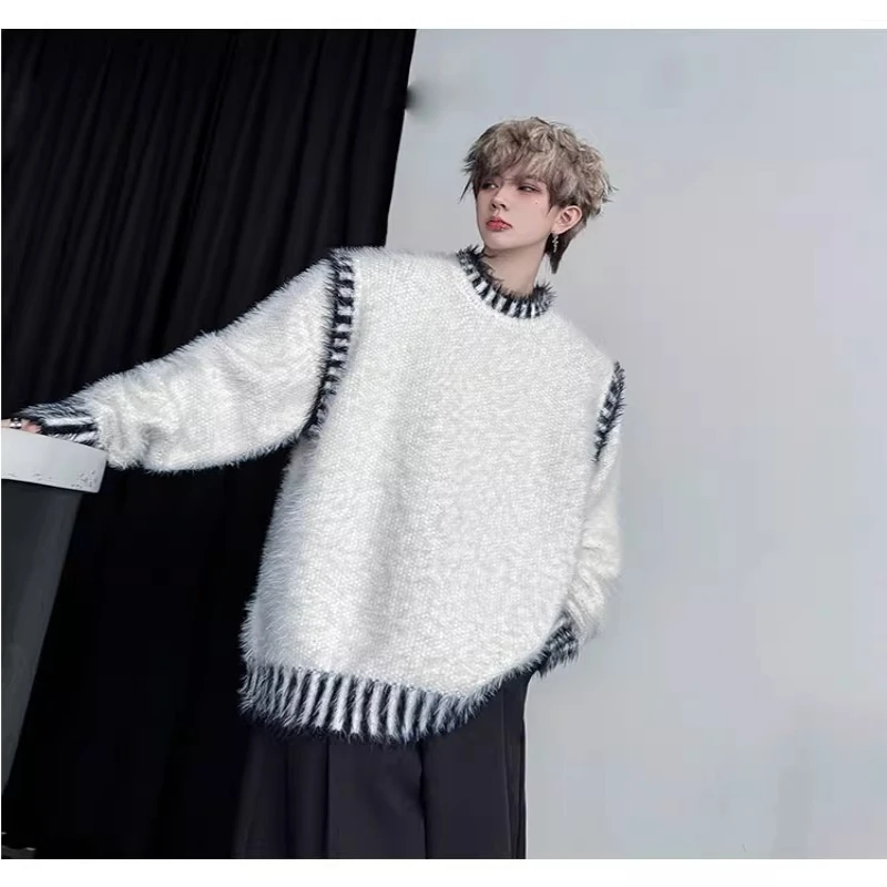 2025 Winter New Trendy Knitted Sweaters Men Women Loose Comfort Chic Pullover Knitwears Contrast Color Long Sleeve Handsome Tops