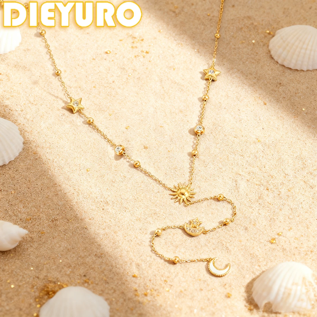 DIEYURO 316L Edelstahl Goldene Sonne Inlay Runde Zirkon Stern Mond Y-förmigen Quaste Anhänger Halskette Dame Neue Mode schmuck