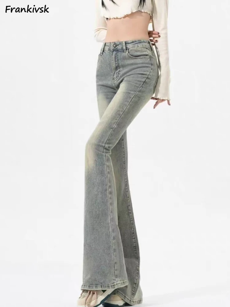 Retro jeans feminino fino ajuste calças de rua alta elegante commute primavera macio estilo europeu chique casual básico outono comprimento total