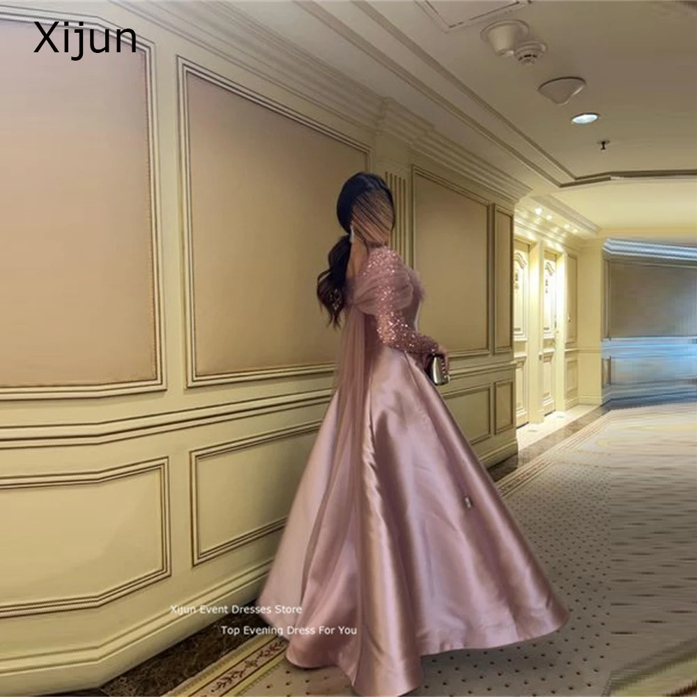 Xijun Sparkly Pink Prom Gowns Floor Length A-Line Evening Dress Formal Occasion Long Sleeves Party Gowns Vestidos Saudi Arabric