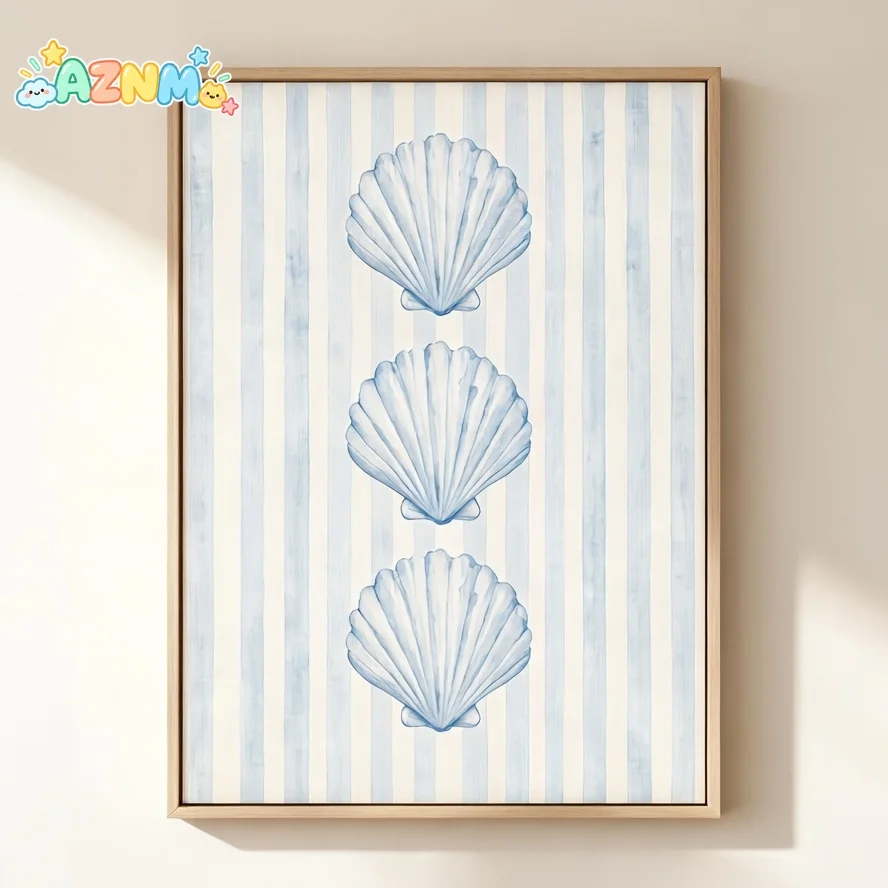 2D Flat, Pale Blue & White Striped Vertical Scallop Seashell Suitable for Beach House Nautical Wall Art - Minimalist Pastel W
