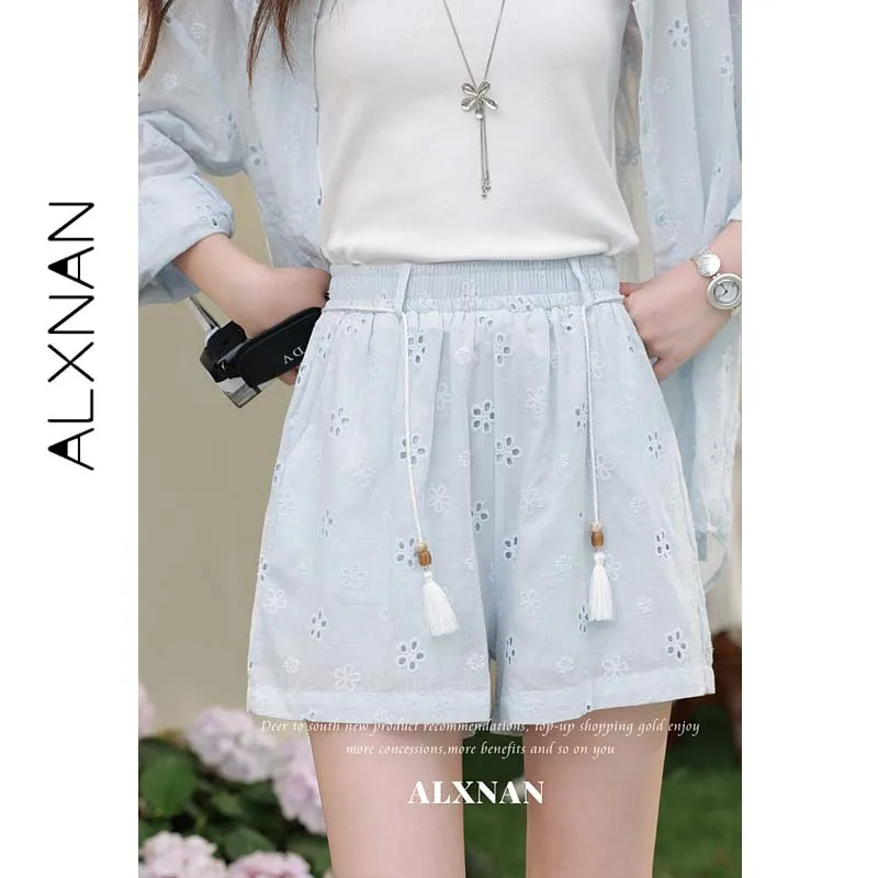ALXNAN Women's Wide Leg Shorts Blue Hollow Floral Tassel Tie Design Loose-fit Casual Pants Summer New Female Trousers L65703