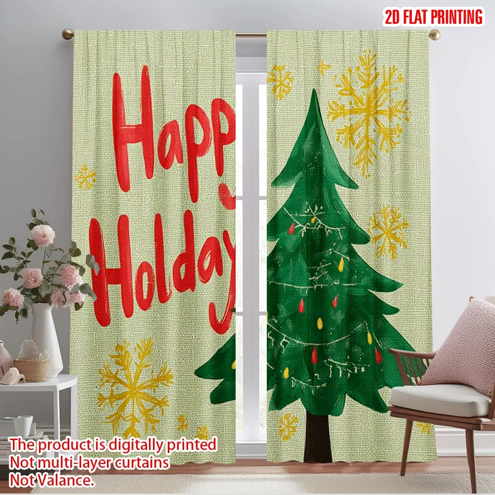 2pcs,2D plane printing Window Curtain Buffalo Plaid and Tree Durable 100% Polyester Fabric (without rod) Decorations For Home