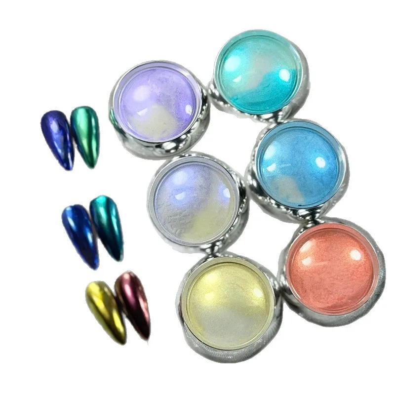 6Jars/Set Aurora Mermaid Nail Art Powder(with Brushes) Holographic Pearlescent Chrome Pigment Dust Chameleon DIY Nail Supplies