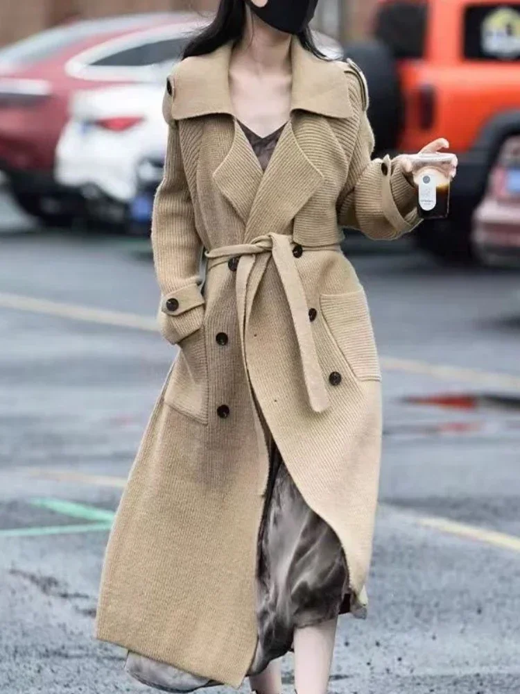 

Women's Sweater Autumn/winter Solid Lapel Double-breasted Knitted Cardigan Long Jacket Trench Coat for Women Clothing