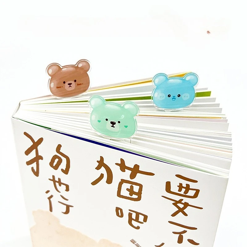 2pcs/set Cute Cartoon Bear Head Acrylic Bookmark Paper Clip,Multifunctional File Binder for Student Office Page Marker Clip