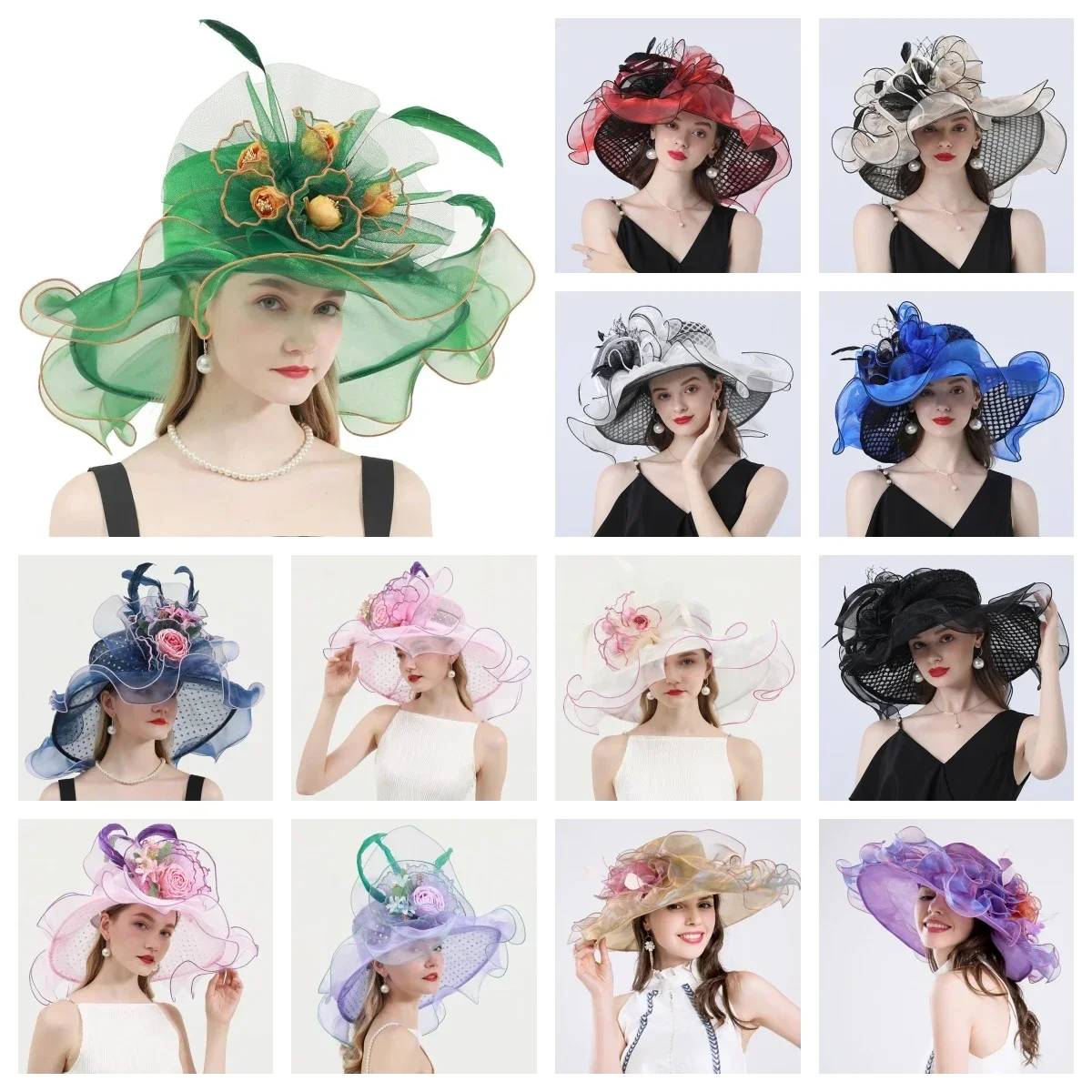 Elegant Bridal Organza Gauze Church Hat Party Multicolour Fascinator Kentucky Derby Hat Unique Sun Hats for Women Ladies Wedding