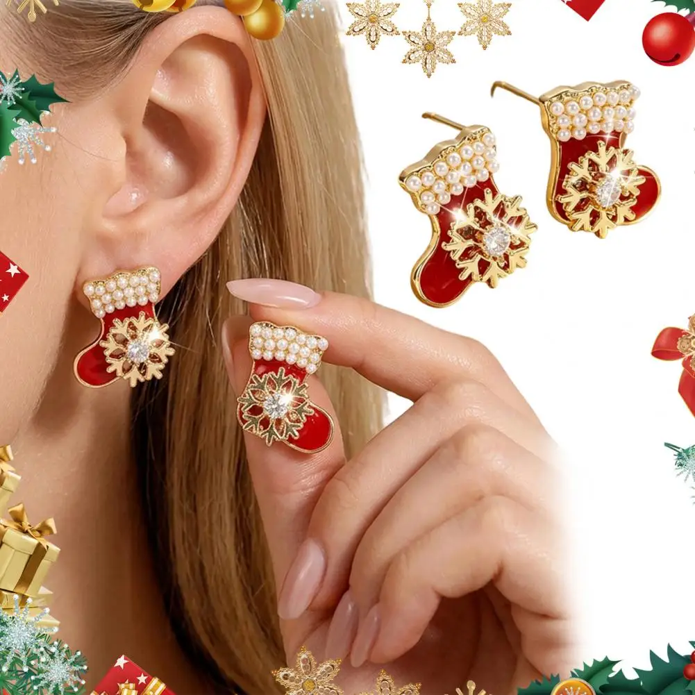 Cute Red Christmas Stocking Stud Earrings Women Sparkly Rhinestone Enamel Sock Snowflake Holiday Jewelry Party Accessories