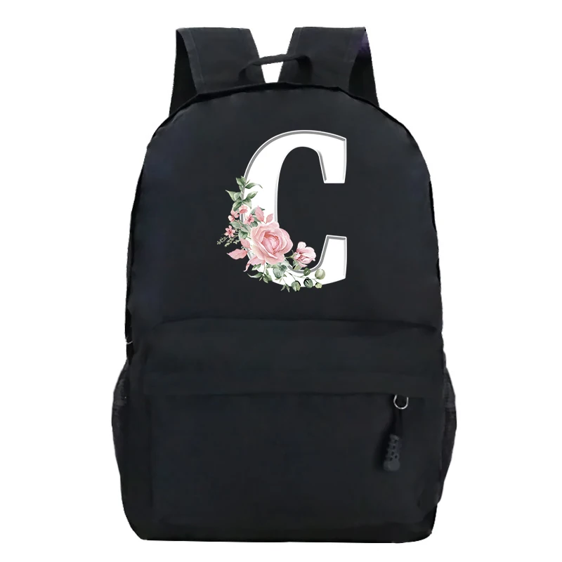 College Student Ladies Pink Floral Alphabet White Print Backpack Women Flower Harajuku SchoolBags Female Rose Letter Shoulder Bag