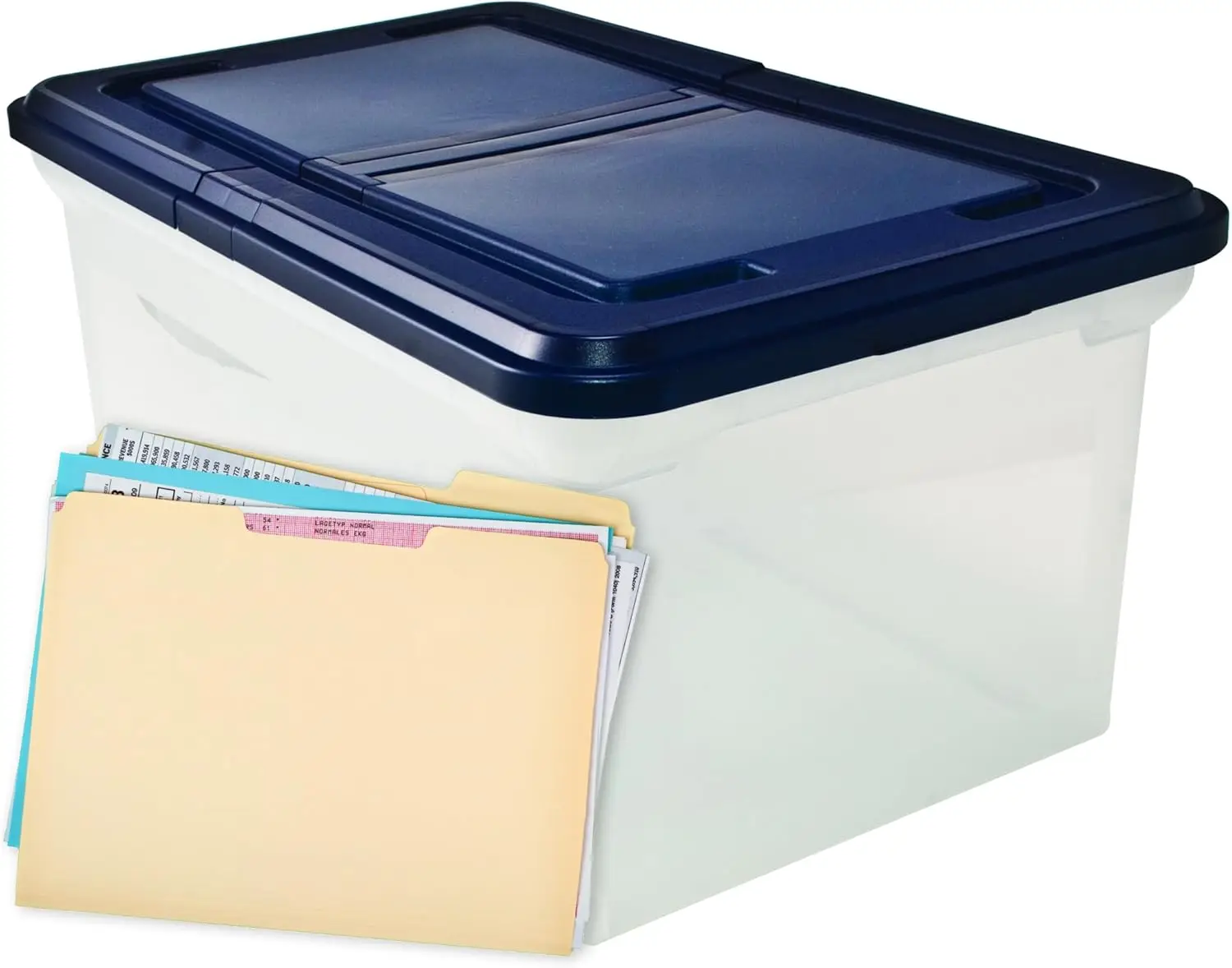 

Innovative Storage Designs 55797 File Tote with Hinged Lid, Letter, Plastic, Clear/Navy
