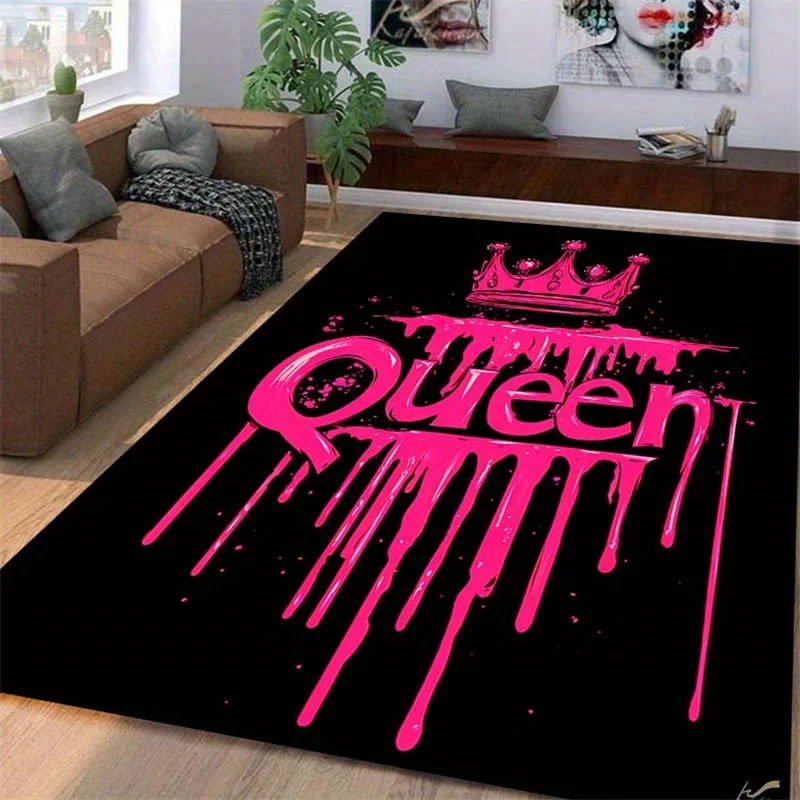 1pc 2D Flat Pink Queen Graffiti Crown Black Flannel Area Rug Non Slip Girly Street Art Carpet For Bedroom Living Room Floor