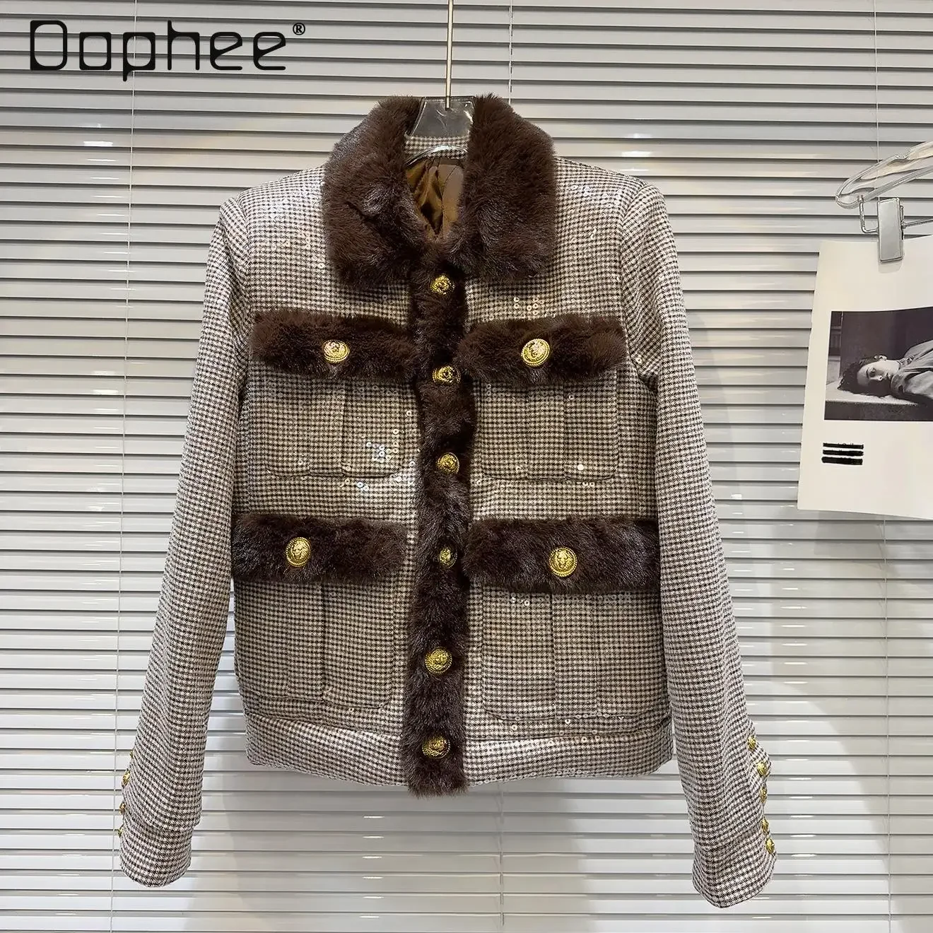 

Fur Splicing Sequined Plaid Jakcets Women Gold Button Lapel Single-breasted Thick Warm Parkas Coat Retro Vintage Winter Clothing