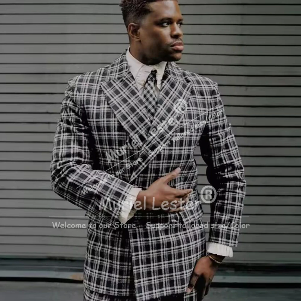 Classic Plaid Check Suit Men 2 Piece Set Double Breasted Jacket Pants Customized Groom Wedding Tuxedos Regular Man Daily Blazers