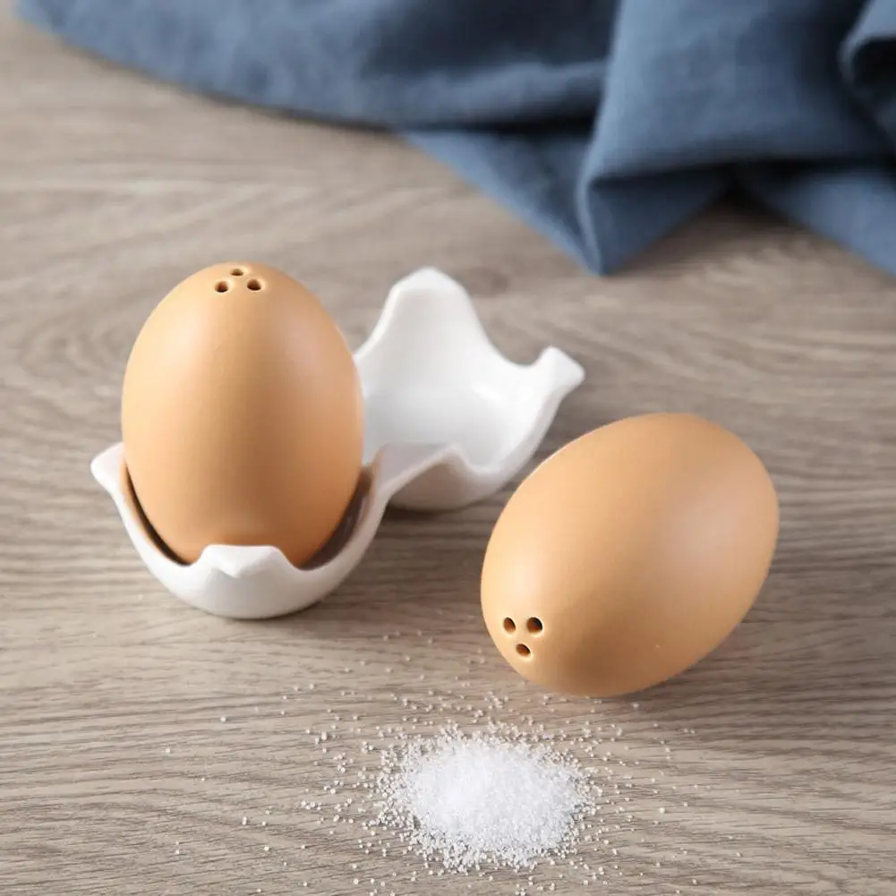 Creative Egg Shaped Ceramic Salt and Pepper Shakers Set Spice Jar Seasoning Bottle with Tray Holder Kitchen Table Decor