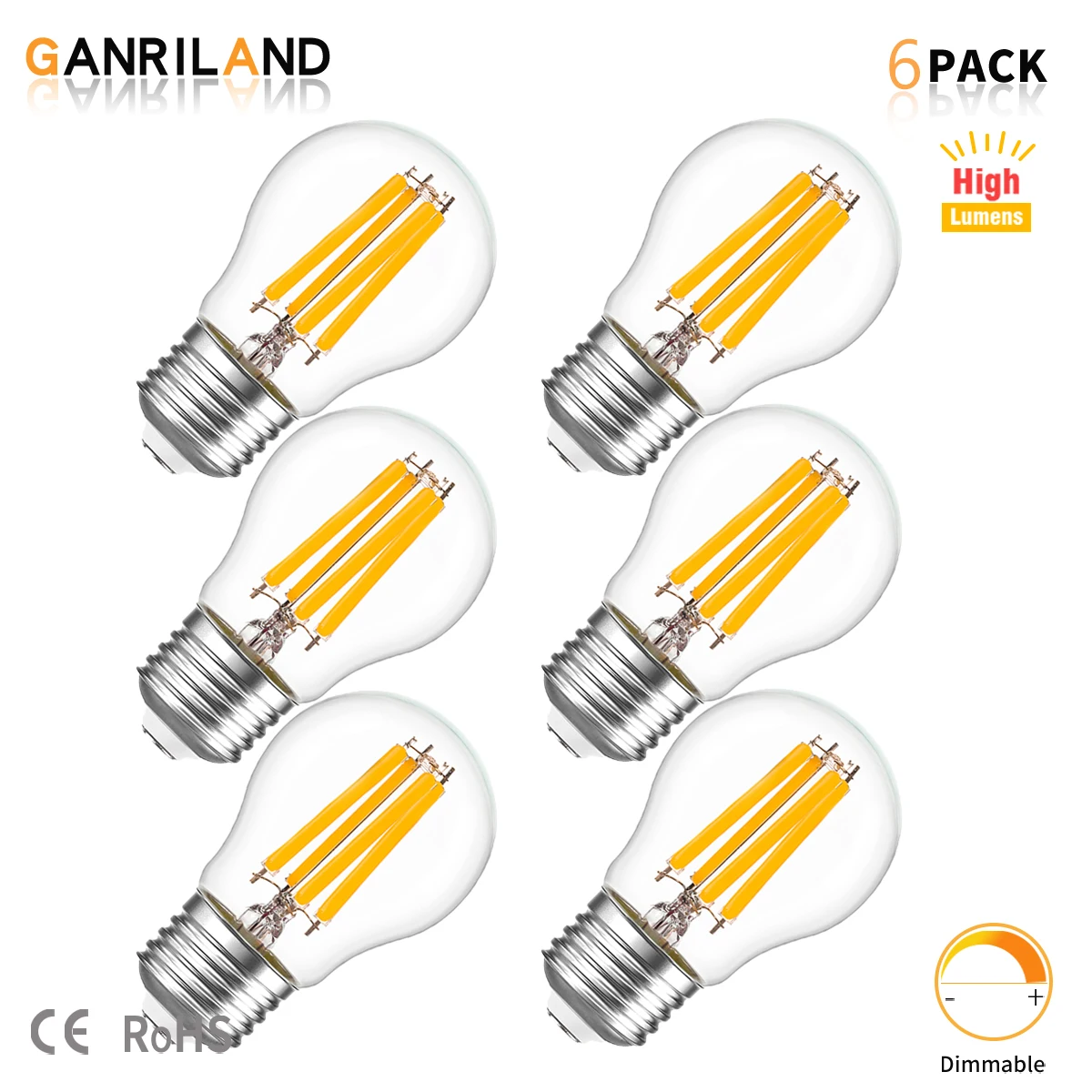 

Ganrialnd Vintage 6.5W High Lumens Bulbs Edison LED Filament Globe Bulbs G45 E27 Without Flicker Ultra Bright 806lm Glass Bulbs