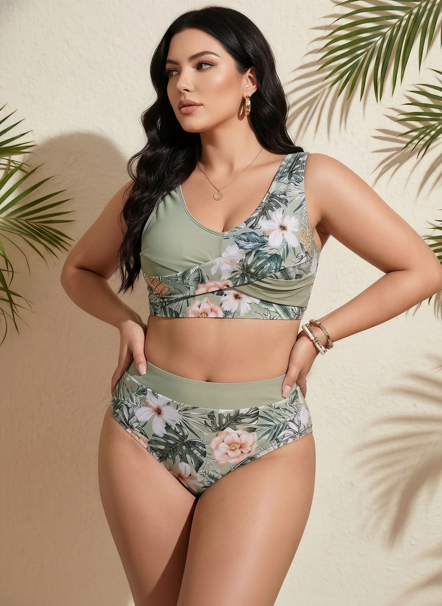 2026 Neues Matcha-Grünes Bedrucktes Tankini Zweiteiler-Set |   Badeanzüge mit Bauchkontrolle für Kurvige Frauen