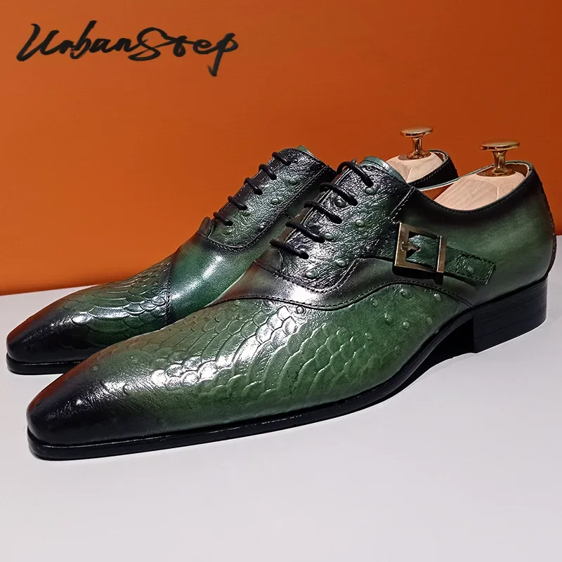 LUXURY MEN'S OXFORD GREEN BLACK PRINT SHOES LACE UP POINTED TOE CASUAL MENS DRESS SHOES WEDDING OFFICE LEATHER SHOES MEN