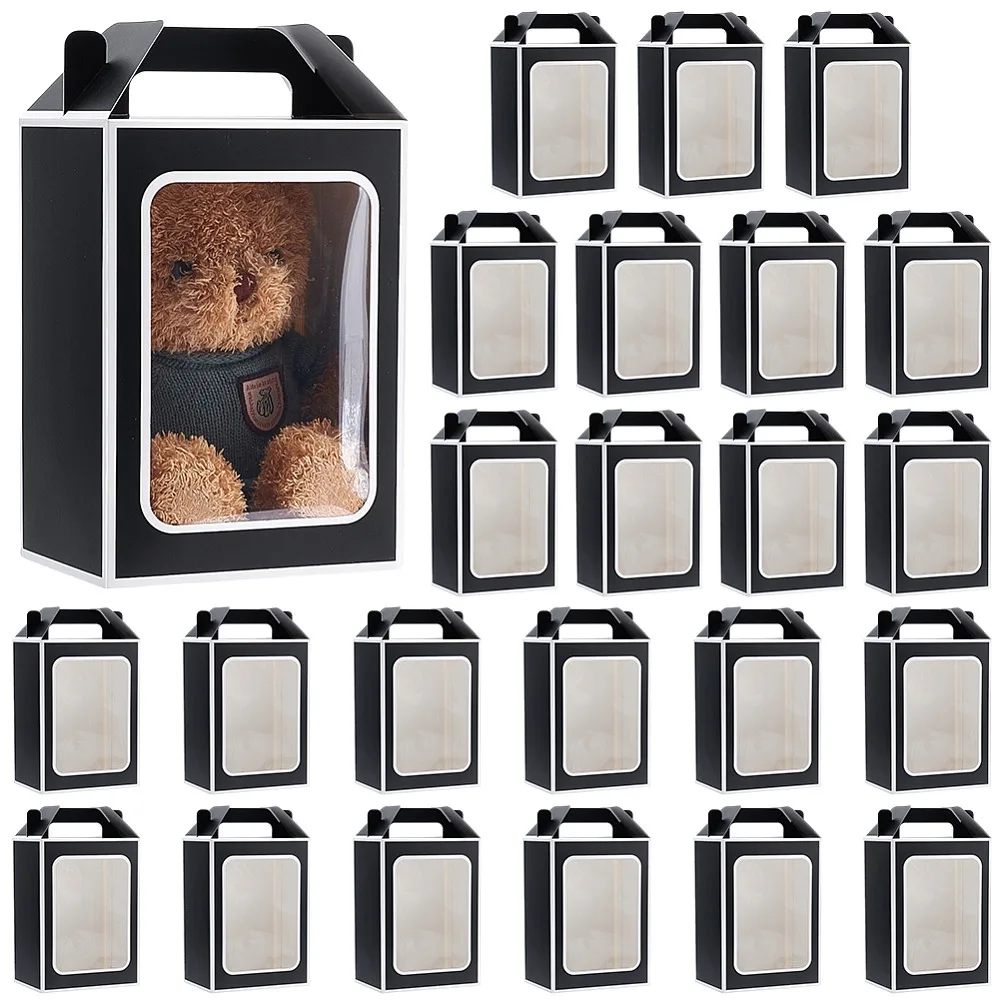 

24pcs Folding Paper Gift Bags with PVC Window and Hole Handle Rectangle Black 13x18x25cm