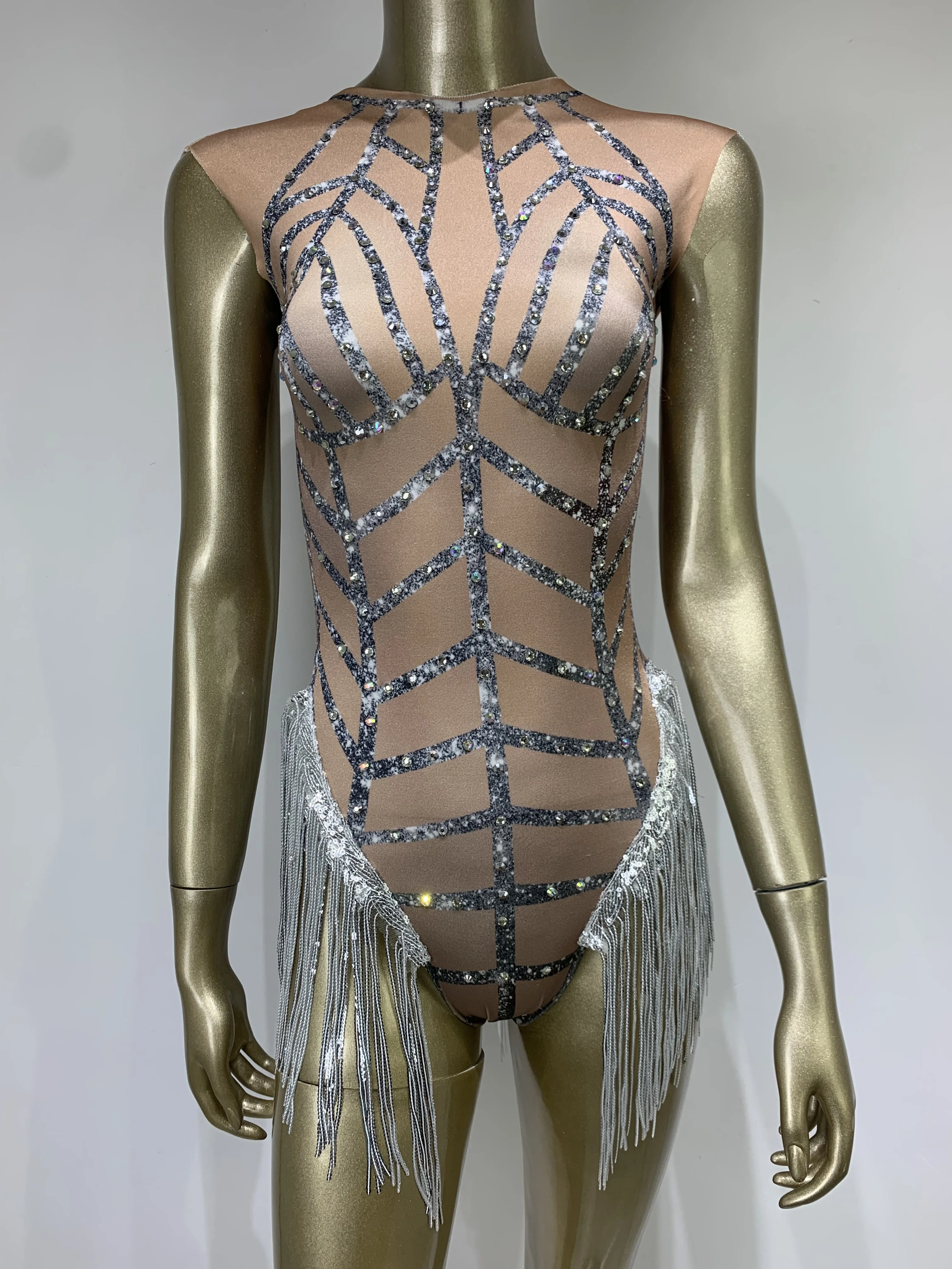 Body da performance elasticizzato da donna senza maniche sexy con nappa di diamanti costume di scena discoteca bar festa serale vestito da hotwife