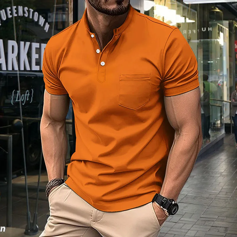 Men's Henley Polo Shirt Short Sleeve Button Down Casual Tops with Chest Pocket Breathable Polyester Tees for Summer Daily Wear