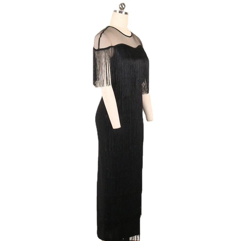Mesh-Patchwork-Quastenkleid mit hoher Taille, Übergröße, schmal geschnitten, lässig, figurbetont, für Geburtstagsfeiern und Abendveranstaltungen