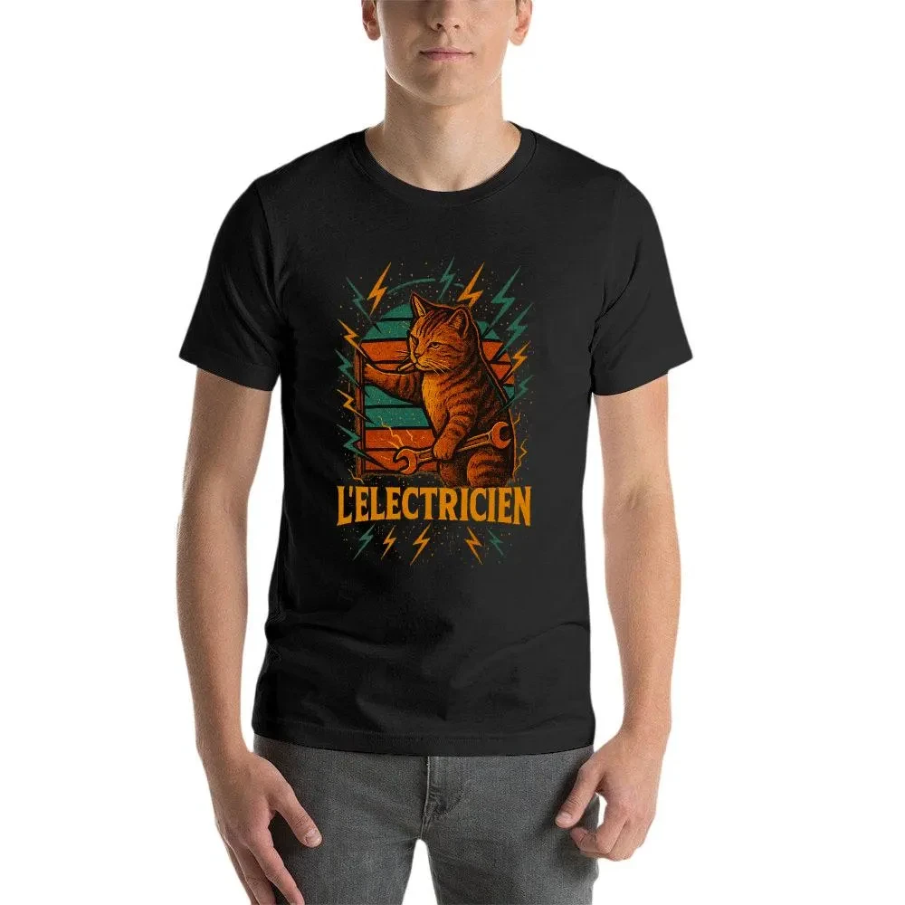 Funny Electrician Meme Cat Larry Lakaka Brainrot French Unisex Short Sleeve T-Shirt Streetwear Neck Short-sleeved Men's T-shirt