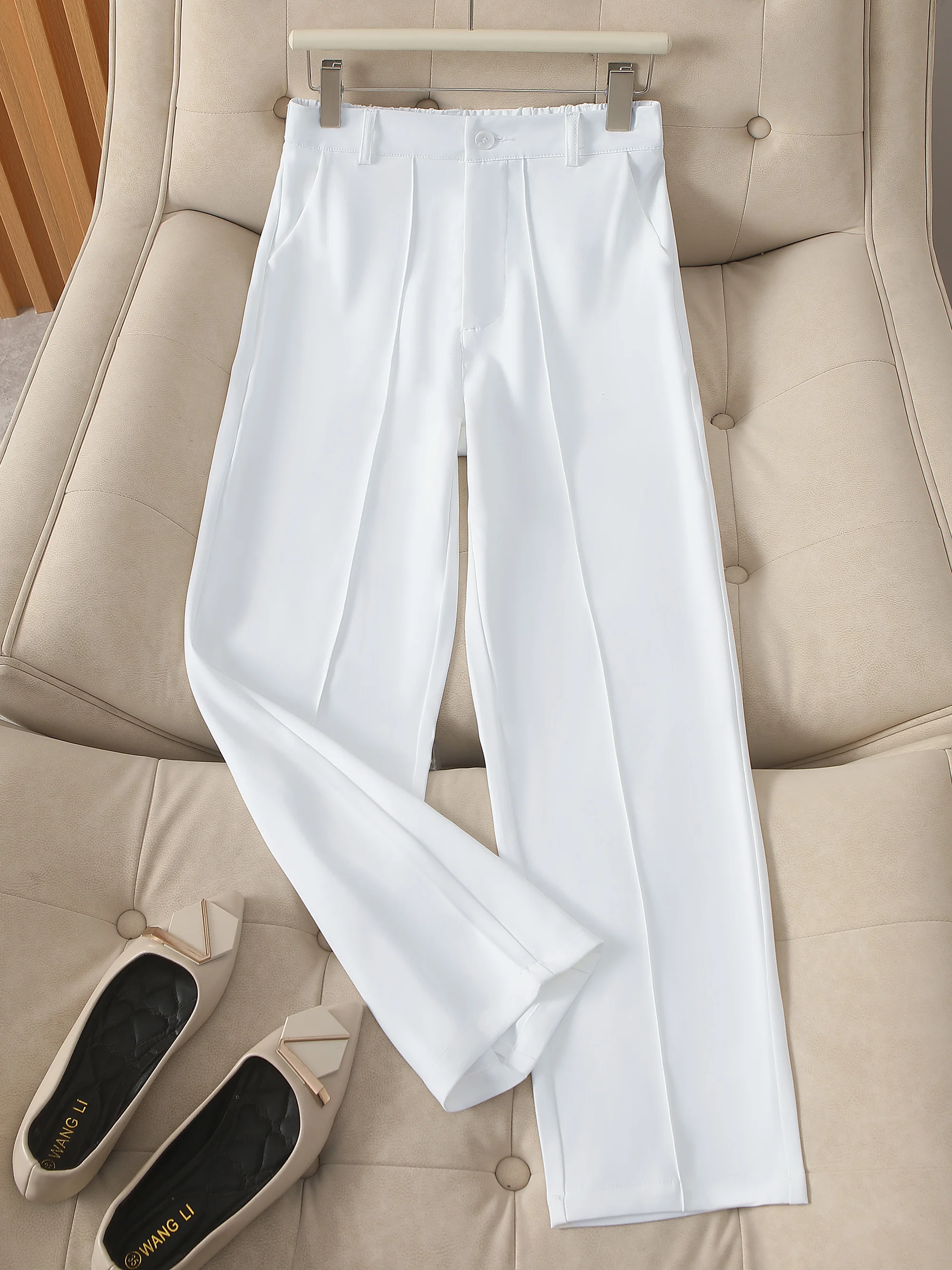 Elegant Casual Solid Color Women's Suit Trouser, Button Zipper Elastic Waist Long Pants
