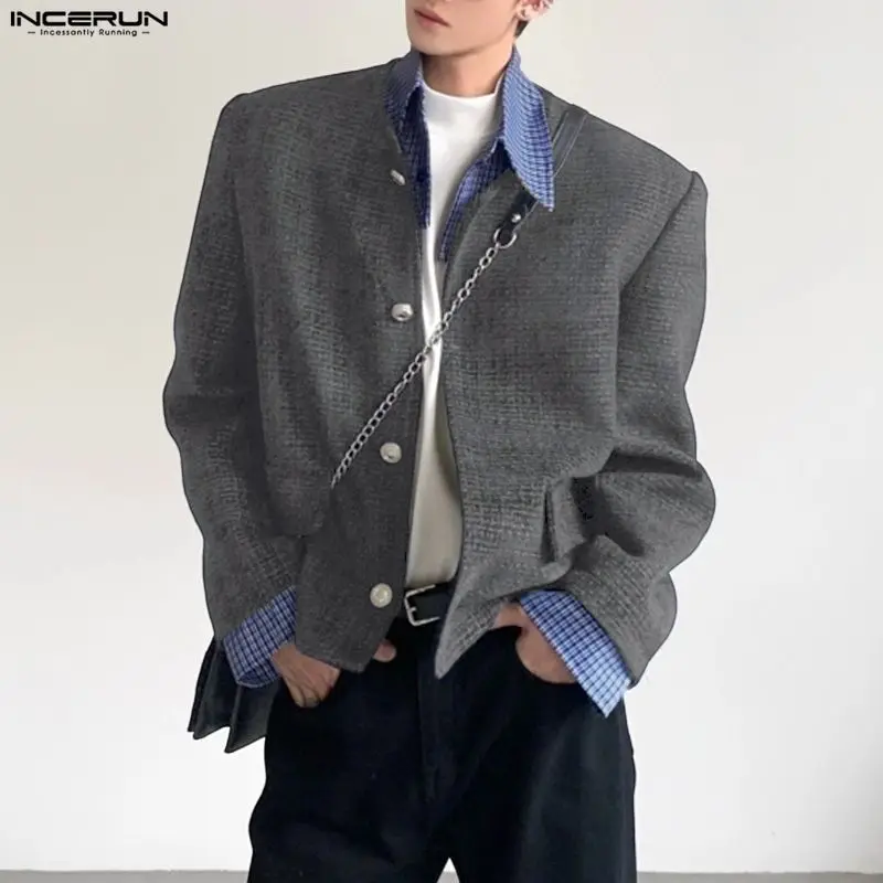 INCERUN 男性ジャケットパッチワークラペル長袖ボタンカジュアルコート男性ストリート 2025 韓国スタイルファッション男性ジャケット S-5XL