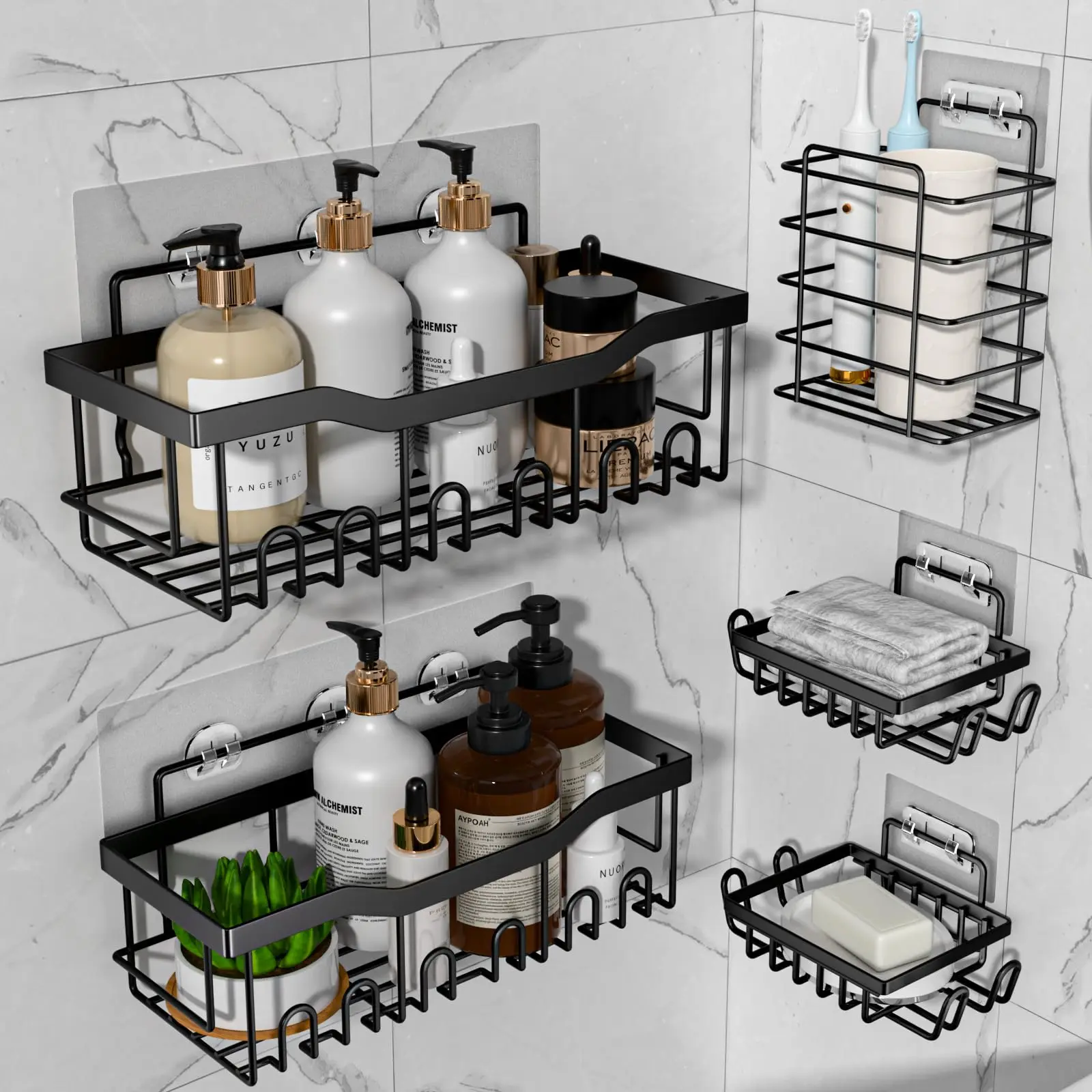

Adhesive Shower Caddy Set Rustproof Stainless Steel Bathroom Organizer Black 5 Piece