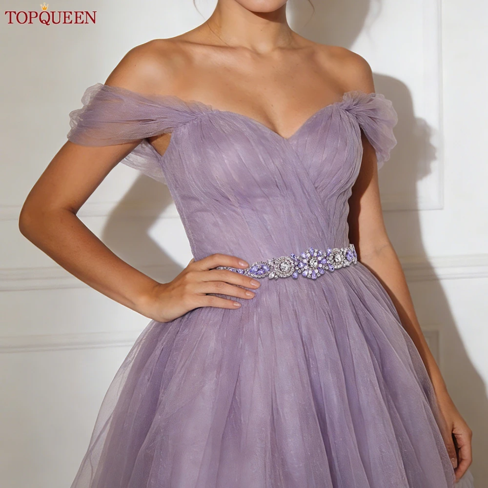 TOPQUEEN Lavender Rhinestone Crystal Bridal Belt, Fashion Floral Waist Sash, Wedding Dress Belt, Prom Party Accessory - view 6