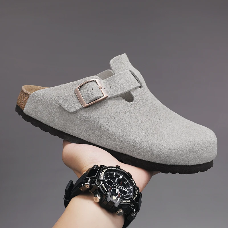 

Сандалии-мюли унисекс для улицы, нескользящие, из замши и кожи, с пробковой стелькой и поддержкой свода стопы, модные тапочки