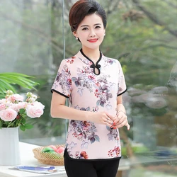 Retro Chinese Women Blouse Traditional Vintage Oblique Shirt Summer Satin Oriental Woman Tops Mandarin Collar Cheongsam