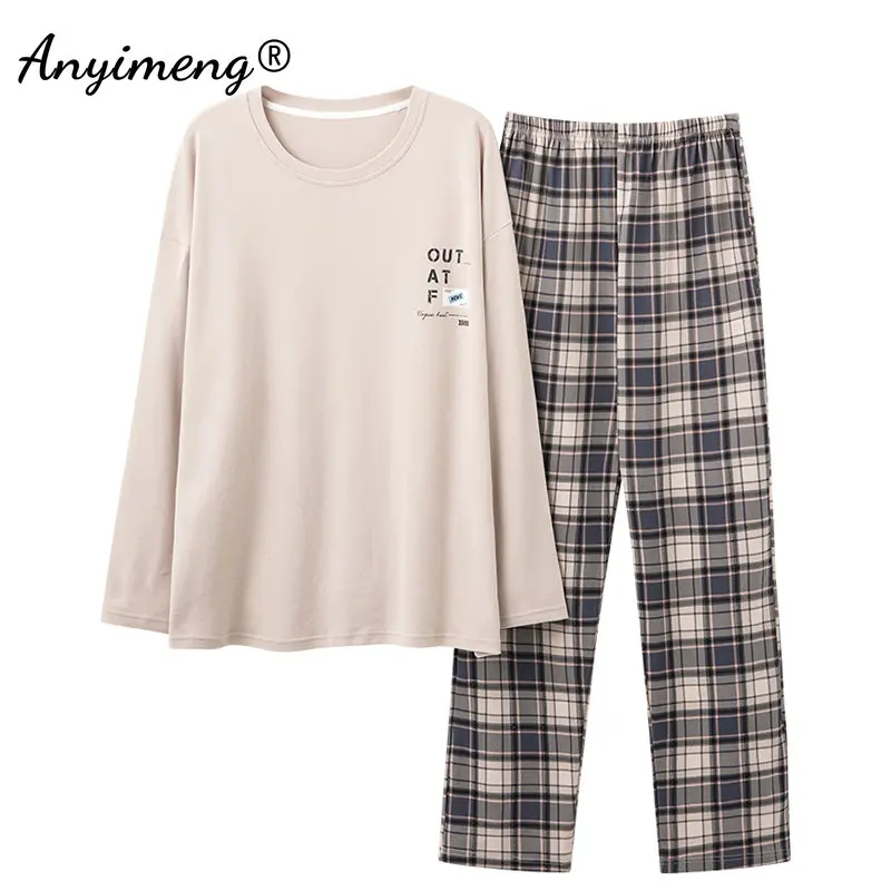 L-4XL ผู้ชายฤดูใบไม้ร่วงฤดูหนาวผ้าฝ้ายนุ่มชุดนอน Sleepwear ความยาวเต็ม Pijamas Elegant พลัสขนาดรอบคอชุดนอน