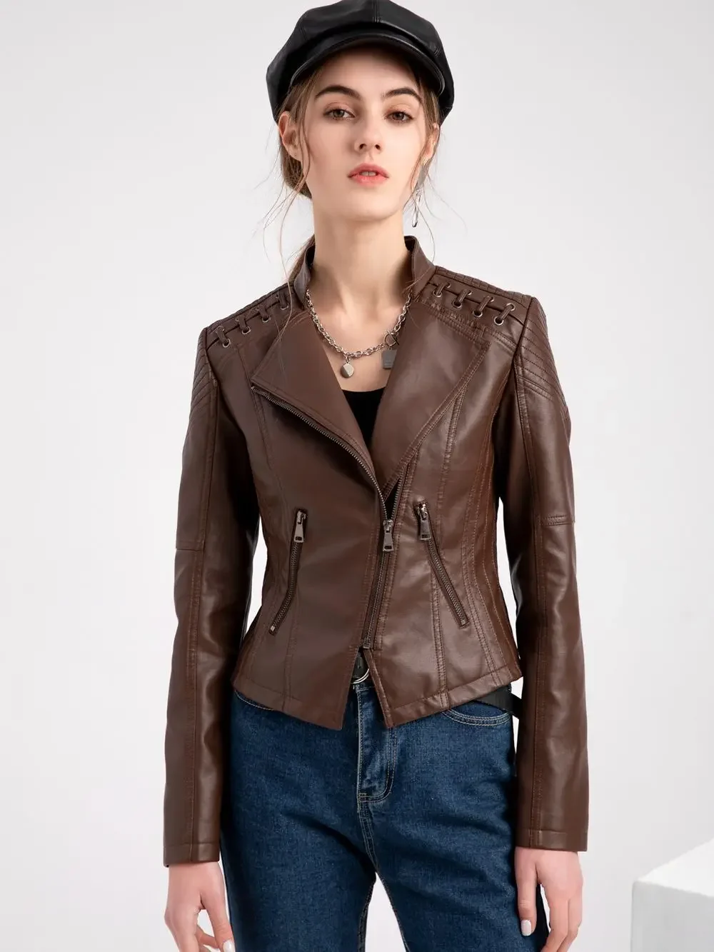 Fashion Women\'s Faux Leather Jackets Long Sleeve Zipper Slim Motorcycle Biker Leather Coat Tops Spring Autumn Loose Outwear