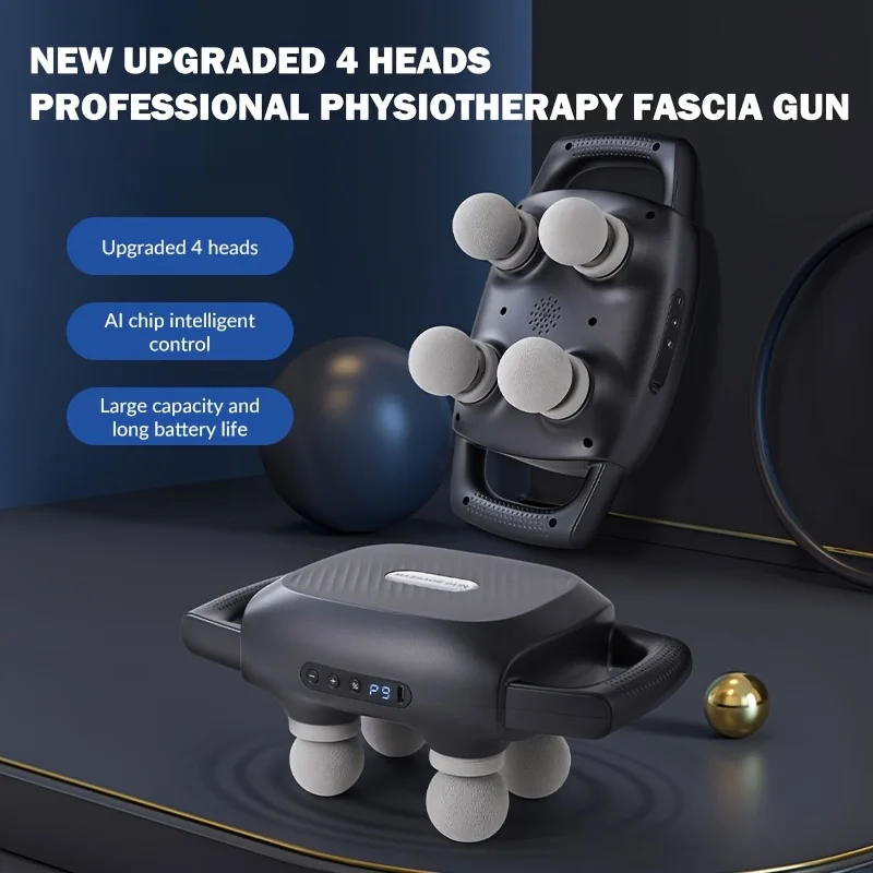 

Deep Tissue Massage Gun, 4 Heads, 9 Modes & Speeds, USB 1800mAh, Smart Display—Perfect for Home, Dorm, or Office Relaxation.
