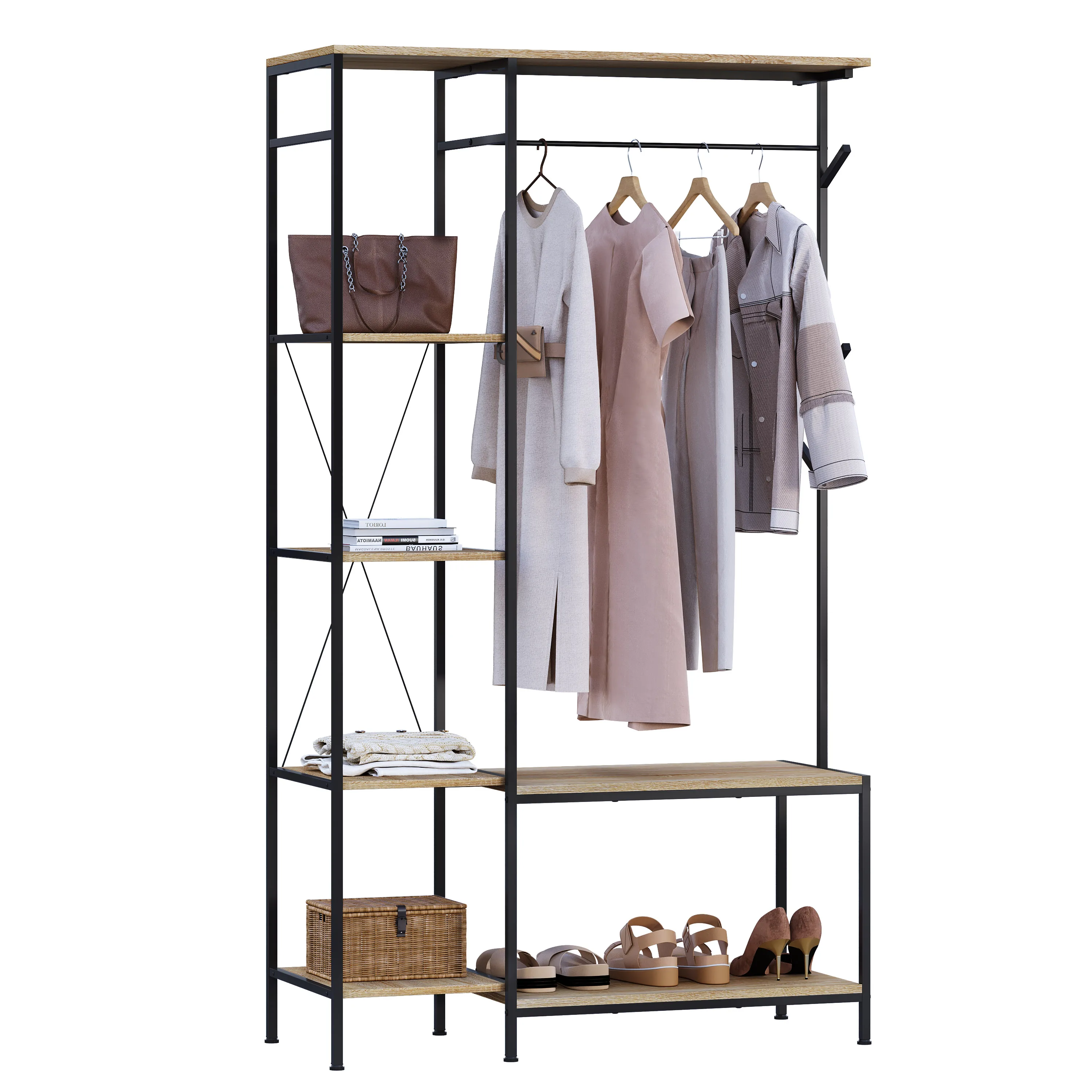 EUGAD 100x175x40cm Freistehender Garderobenständer mit Bank 3-in-1 Design Aufbewahrungsschrank 4-stufiges Regal 4 Haken 1 Kleiderstange für Schlafzimmer