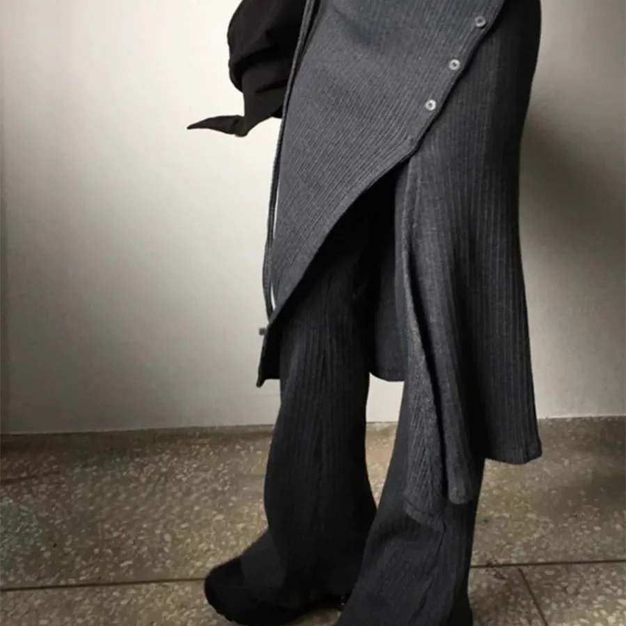 

Street Design Knitted Casual Skirt Pants Two-Piece Set High Waist Banded Half-Length Split-Cuff Button-Up Spiral Pattern