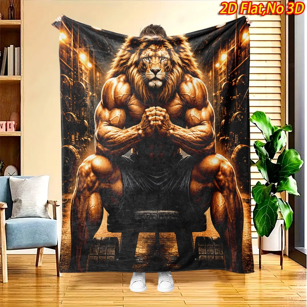 Dark Gym Muscular Lion Man Flannel Throw Blanket, Soft Blanket For Sofa Bed Bedroom, Fitness Sports Pattern Home Decor Gift