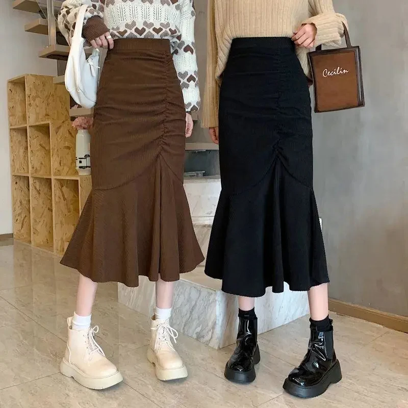 Corduroy Fishtail Skirt for Women 2024 Spring Elegant Ruffle Ruched Midi Skirts Woman Fashion Slim Fit High Waist Skirt Female