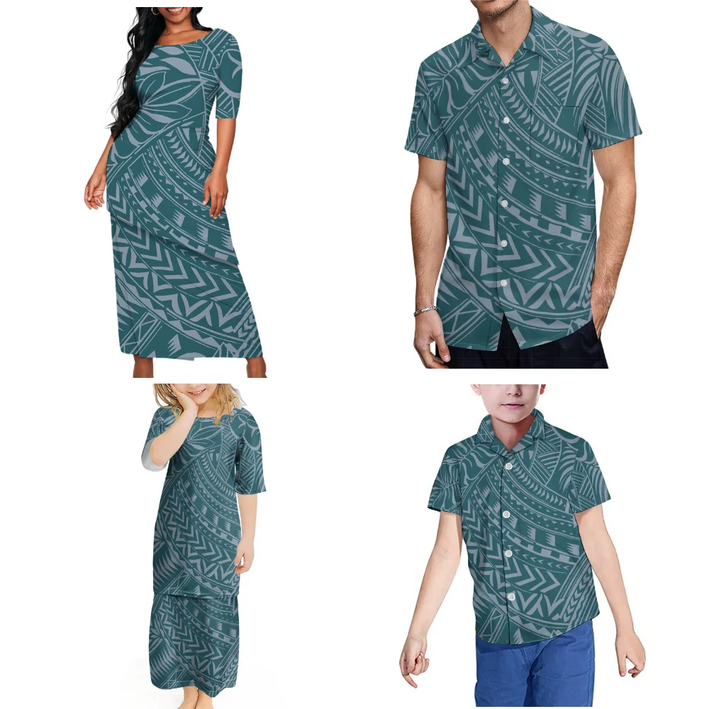 Mother Daughter Puletasi Father Son Shirt Summer Short Sleeve Suit Hawaiian Floral Print Custom Polynesian Family Party Dress