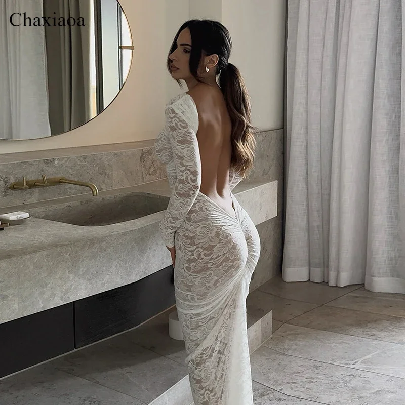 Chaxiaoa See Through Lace Sexy Maxi Dress for Women Sheer Long Sleeve Backless Bodycon Evening Sexy Club Party Long Dress