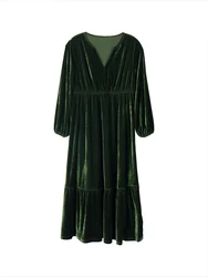 Plus Size Women's V-Neck Velvet A-Line Dress, Waisted V-Neck, Elegant, Premium, Long Sleeve, Monochromatic,