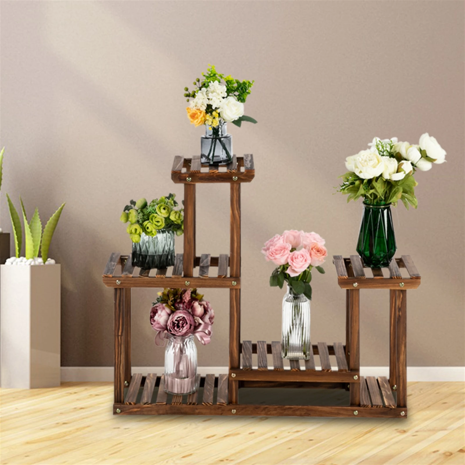 4-Story 7-Seat Indoor And Outdoor Multi-Function Carbonized Wood Plant Stand