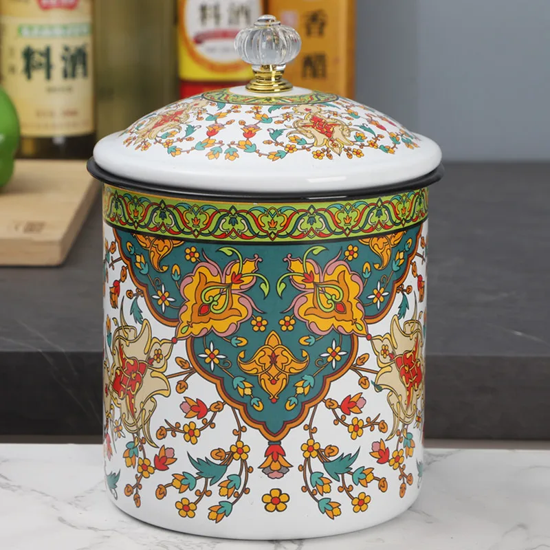 Enamel Storage Jar with Lid Retro Floral Enamel Tea Candy Biscuit Storage Container Large Capacity Home Kitchen Storager Bottle