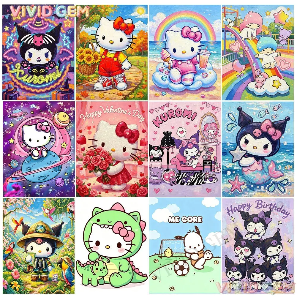 VIVID GEM Sanrio Hello Kitty Cartoon Mosaik Diamantmalerei Vollbohrung Rund Quadratisch Kunst Kreuzstich Raumdekoration