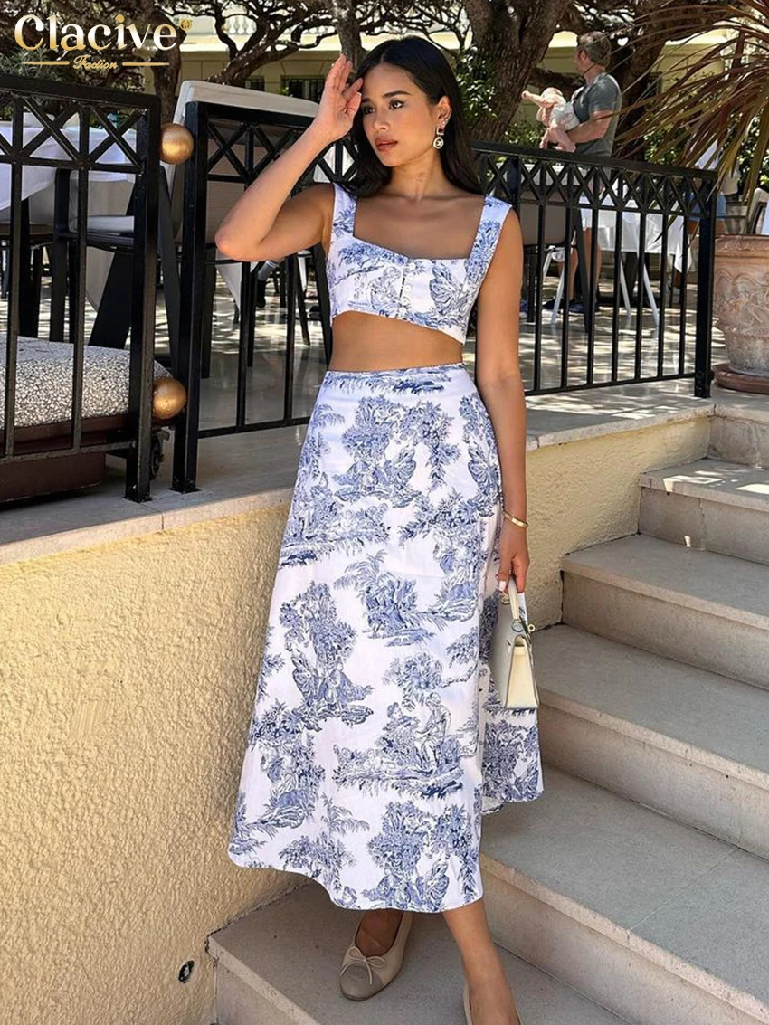 Clacive Summer Slim Print Skirt Sets For Women 2 Pieces 2024 Sexy Sleeveless Crop Top With High Waist Long Skirts Set Streetwear