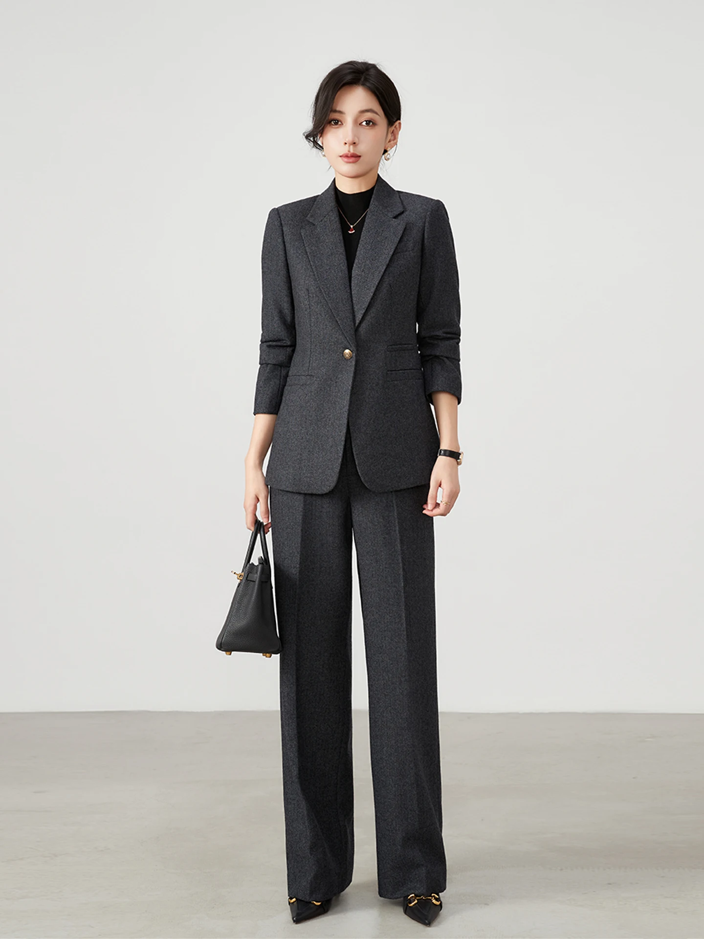 

Зимний шерстяной деловой костюм для женщин: прямые брюки и пиджак, комплект из двух предметов, профессиональный формальный наряд