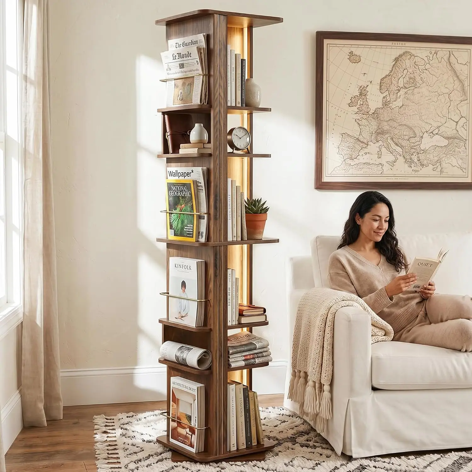 6 Tier Rotating Bookshelf Tower 360° Walnut Spinning Shelf LED Light, Customized