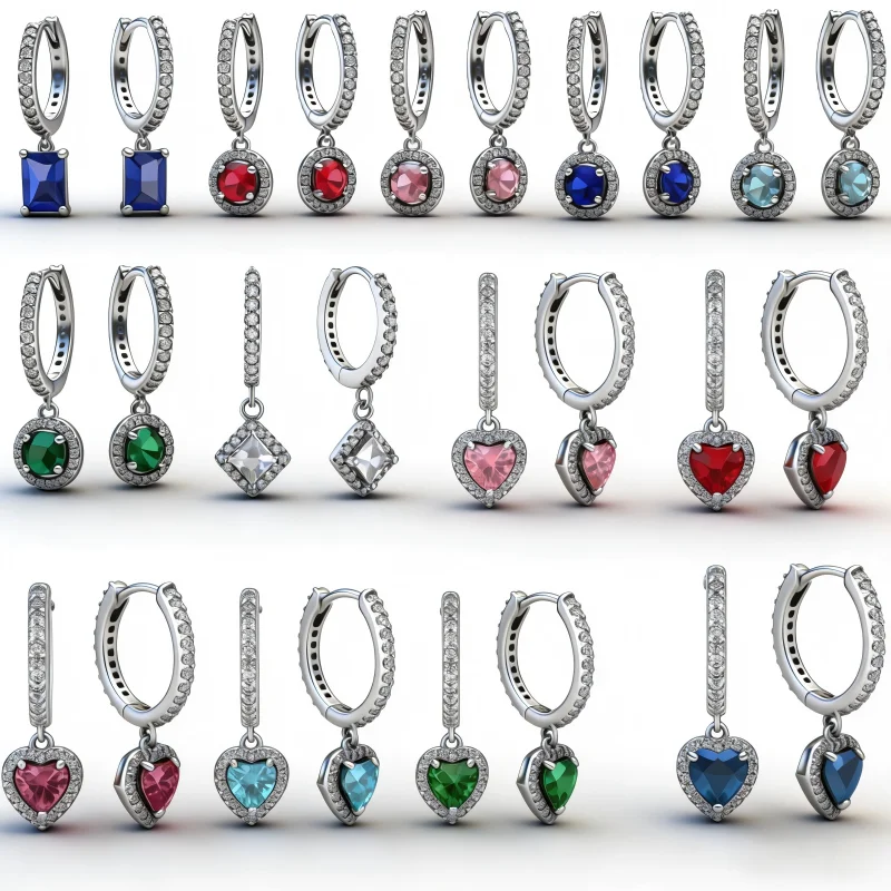 

925 Sterling Silver Roundness Heart 6789 Red Blue Pink Green Ring Women Earrings Fine Jewelry Fashion For Mother's Day Love