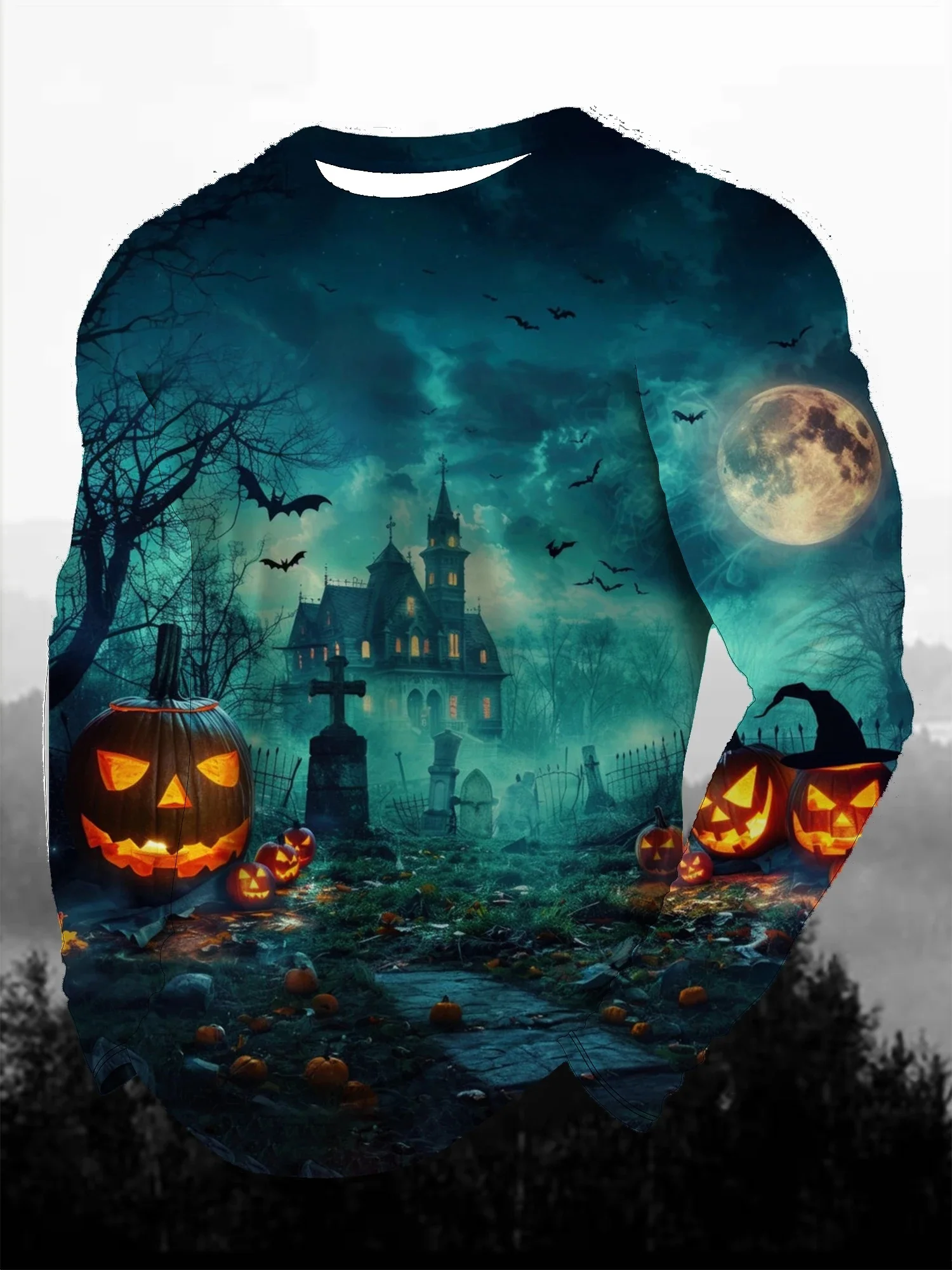 2026 autumn and winter men's long sleeved T-shirt Halloween scene 3D printing haunted house pumpkin scarecrow cemetery Gothic